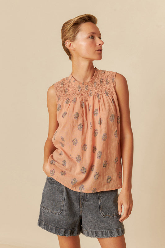 Indi and Cold Sleeveless Organic Cotton Shirt Floral Apricot
