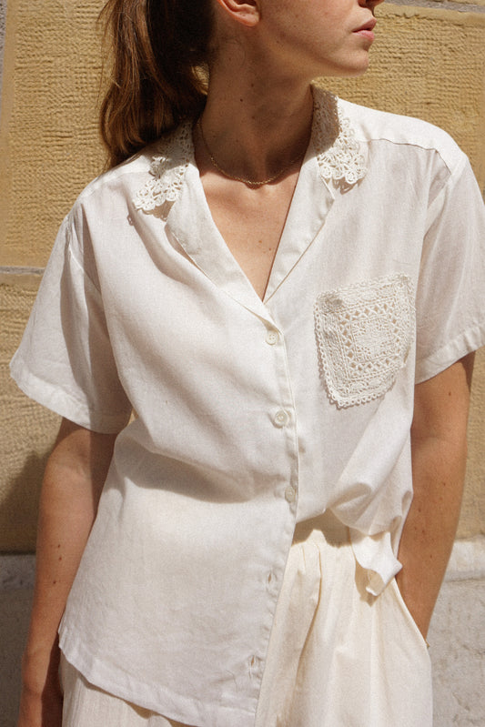 Indi and Cold Short Sleeve Cotton Shirt Cream Crochet Pocket