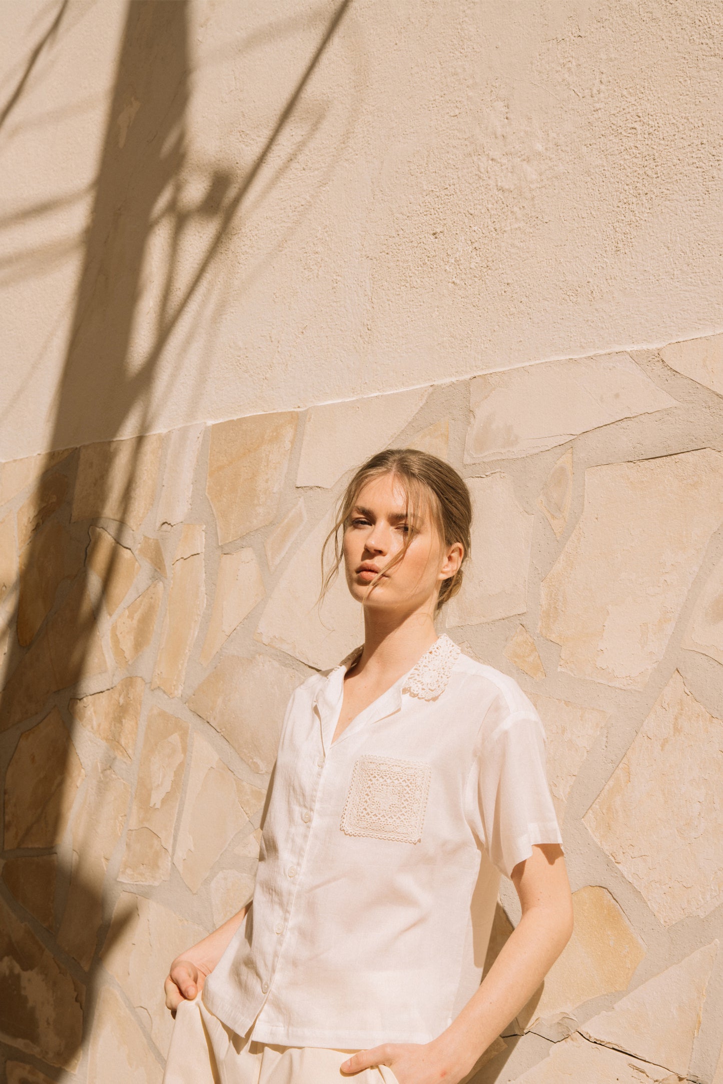 Indi and Cold Short Sleeve Cotton Shirt Cream Crochet Pocket