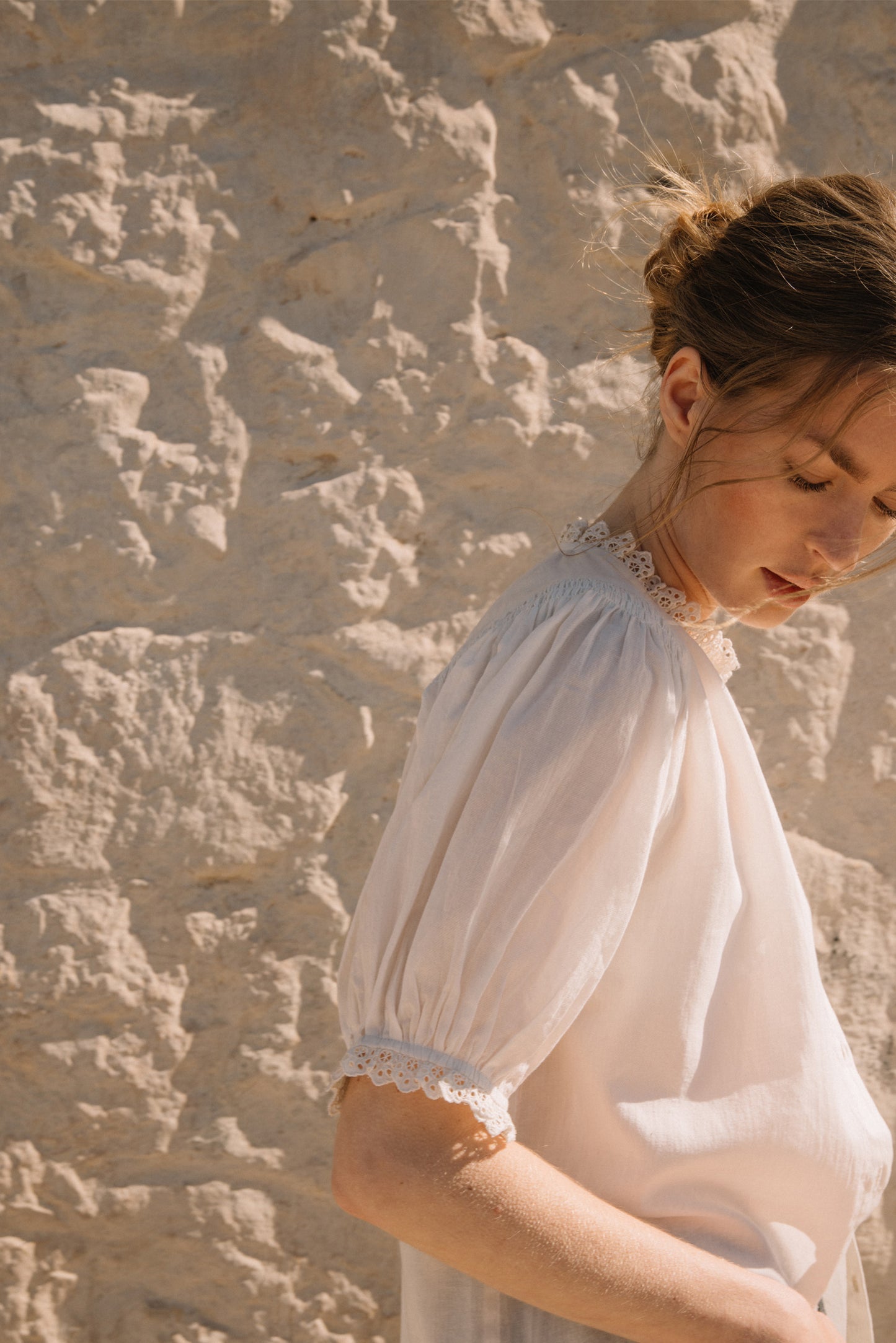 Indi and Cold Short Sleeve Cotton Shirt Cream Crochet Collar