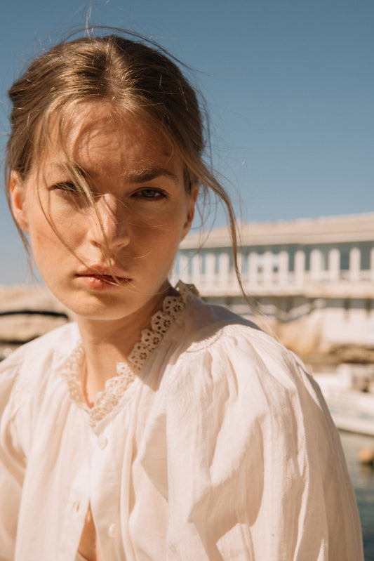 Indi and Cold Short Sleeve Cotton Shirt Cream Crochet Collar