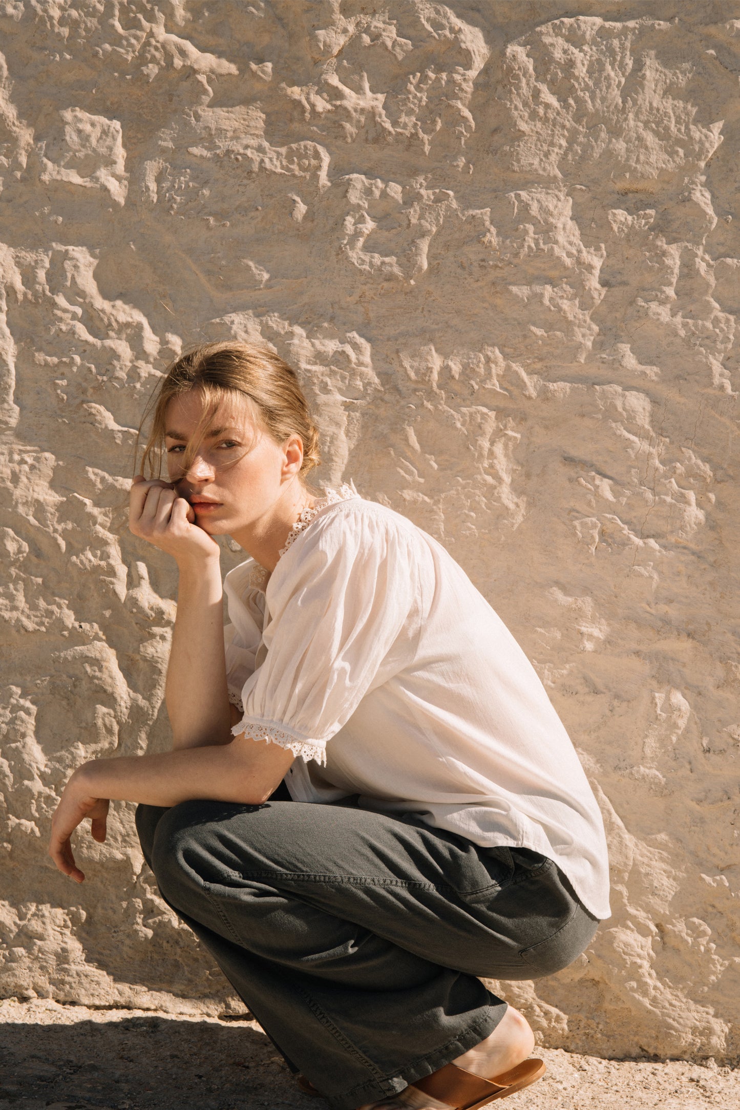 Indi and Cold Short Sleeve Cotton Shirt Cream Crochet Collar