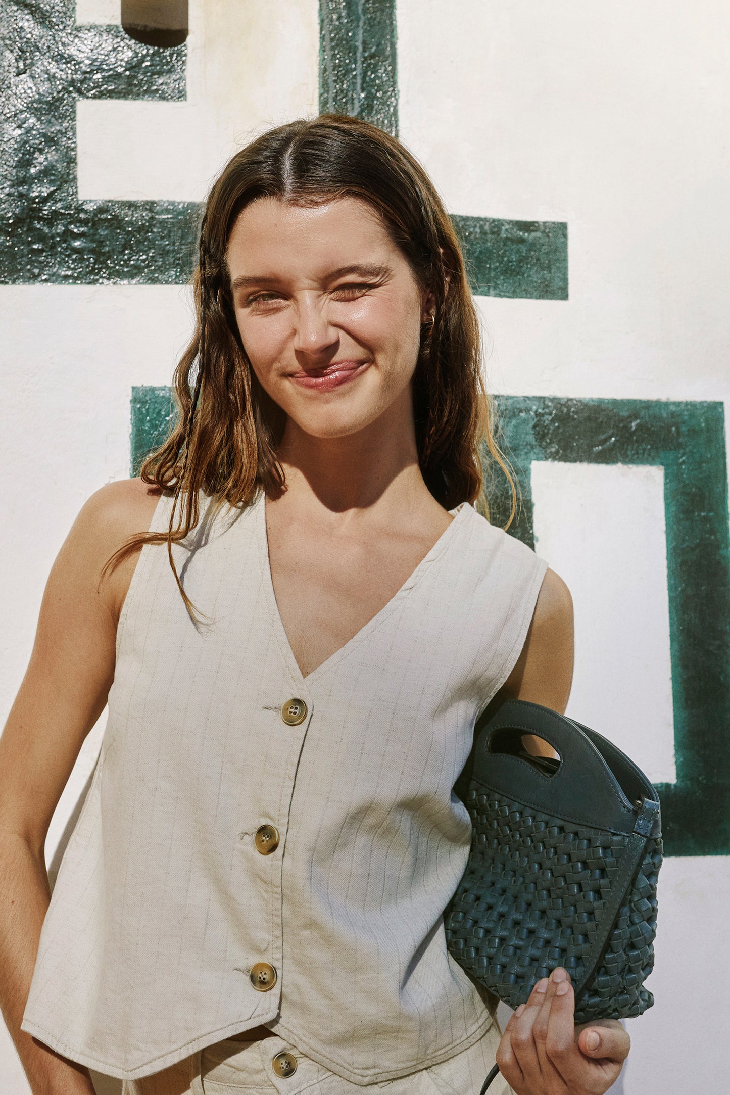 Indi & Cold Pinstripe Twill Vest Ecru