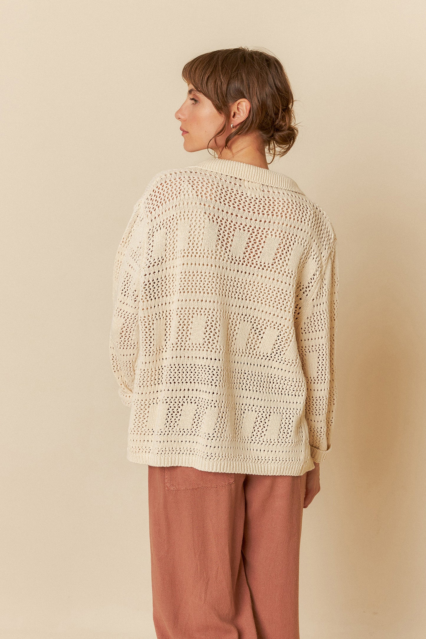 Indi & Cold Cotton Long Sleeve Knitted Cardigan/Shirt Ecru
