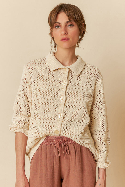 Indi & Cold Cotton Long Sleeve Knitted Cardigan/Shirt Ecru