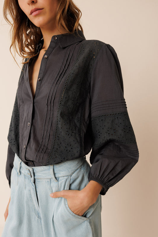 Indi & Cold Organic Long Sleeve Cotton Shirt Dark Grey