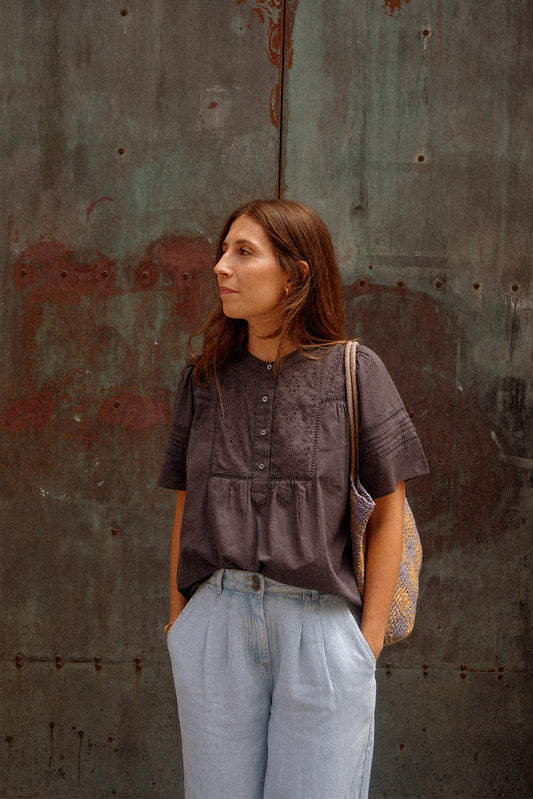 Indi & Cold Short Sleeve Organic Cotton Shirt Dark Grey