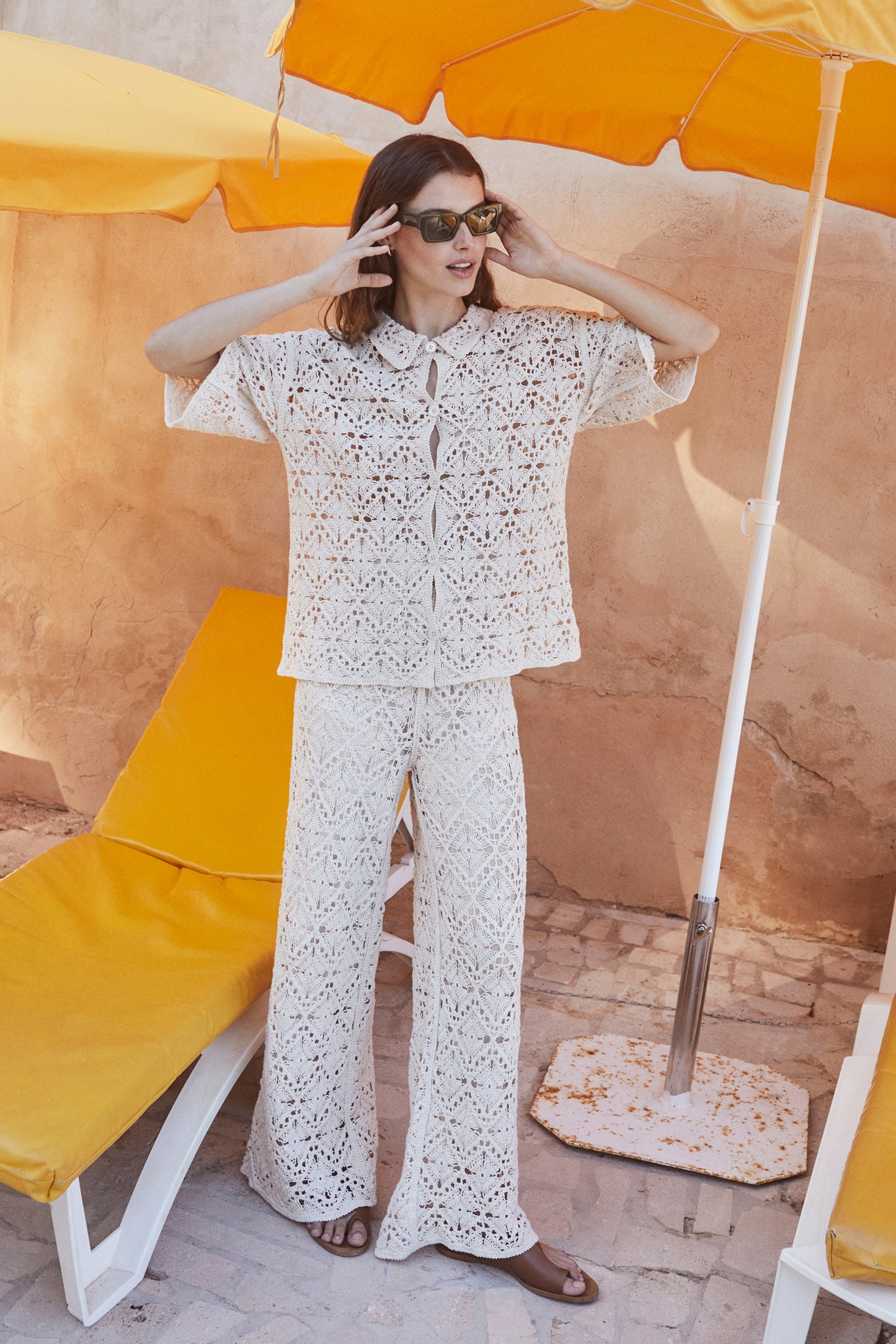 Indi & Cold Short Sleeve Crochet Top Ecru