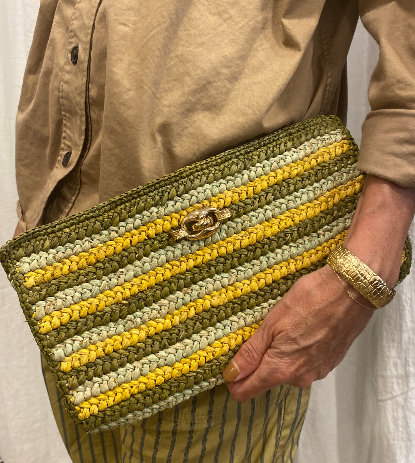 Gas Bijoux Raffia Clutch Green Stripes
