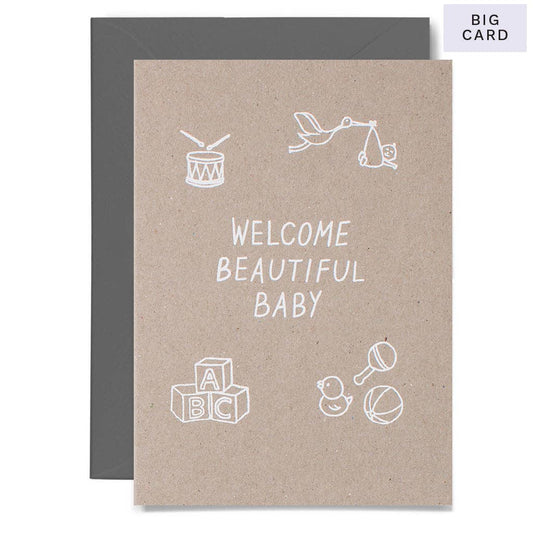 WELCOME BEAUTIFUL BABY White on natural card